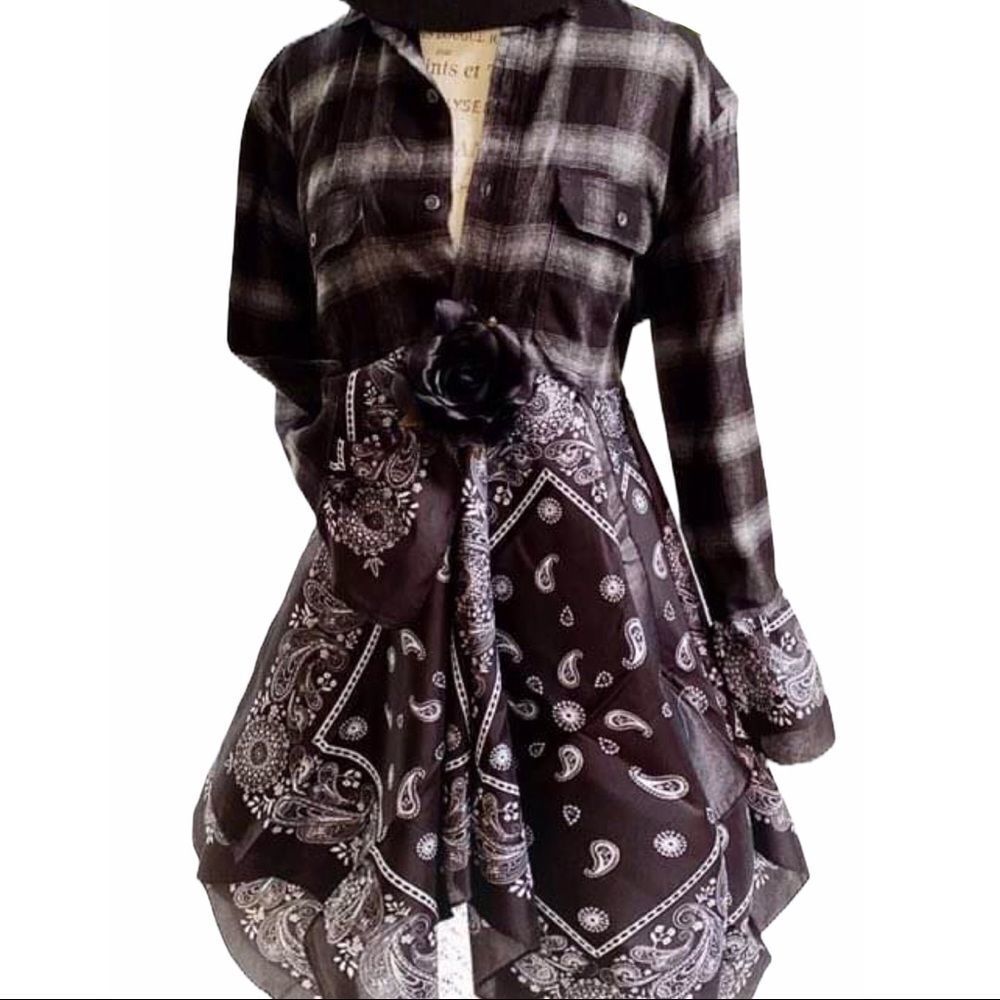 Black Flannel Duster Bell Sleeve Tunic Hanky Western L/XL Handmade